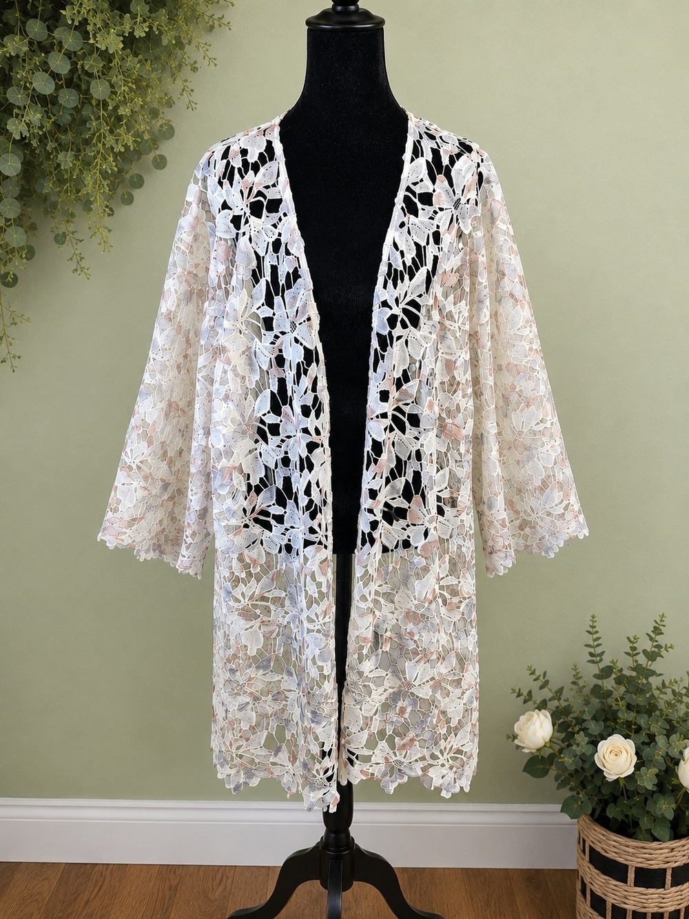 Catherines 3X Floral Lace Open Front Cardigan Duster Ivory Blush Sheer Boho Plus